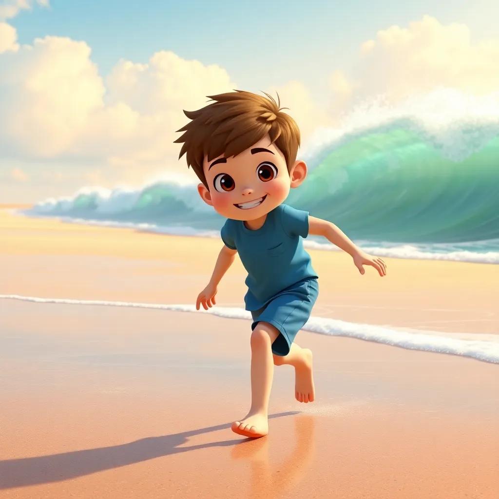 Lucas, um menino de 7 anos, com cabelos castanhos e curtos, usando uma camiseta azul e shorts, explorando uma praia ensolarada com uma grande onda ao fundo, digital art, colorful, cheerful atmosphere, adventurous spirit, high quality