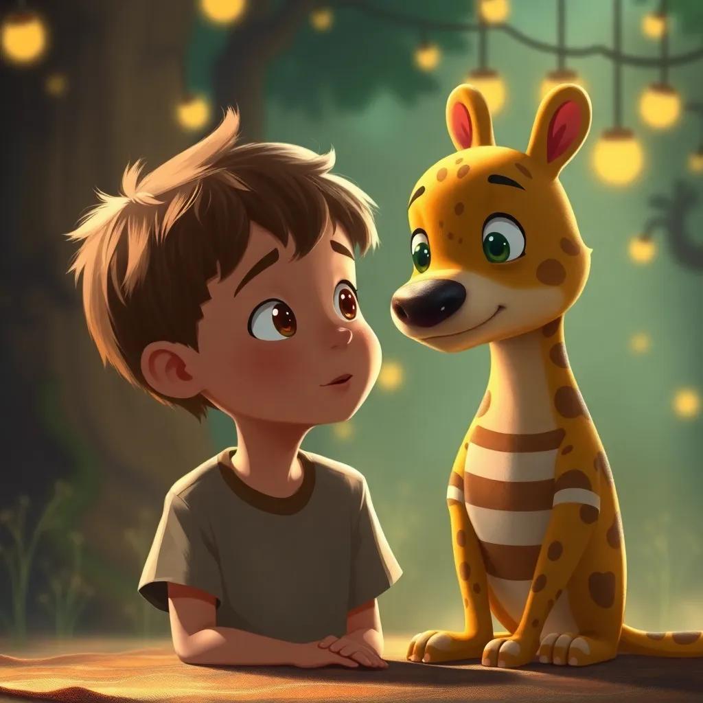 Lucas, um menino de 7 anos, com cabelos castanhos e curtos, conhecendo Tico, um boneco de pano com camiseta listrada e olhos de botão, em uma cena mágica cheia de brinquedos tristes, digital painting, warm colors, innocent vibe, high quality