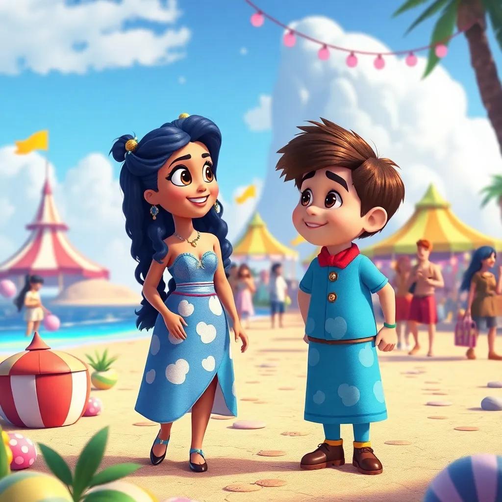 Mia, uma boneca com cabelos dourados e vestido azul de poás brancos, conversando com Lucas em um desfile colorido na ilha mágica, com brinquedos ao fundo animados, vibrant art, festive atmosphere, bright colors, high quality