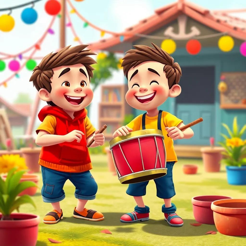Os brinquedos trabalhando juntos em um estande colorido, Lucas cantando e dançando, batucando um tambor, todos felizes com sorrisos e faixas coloridas ao redor, detailed illustration, joyful scene, lively, high quality