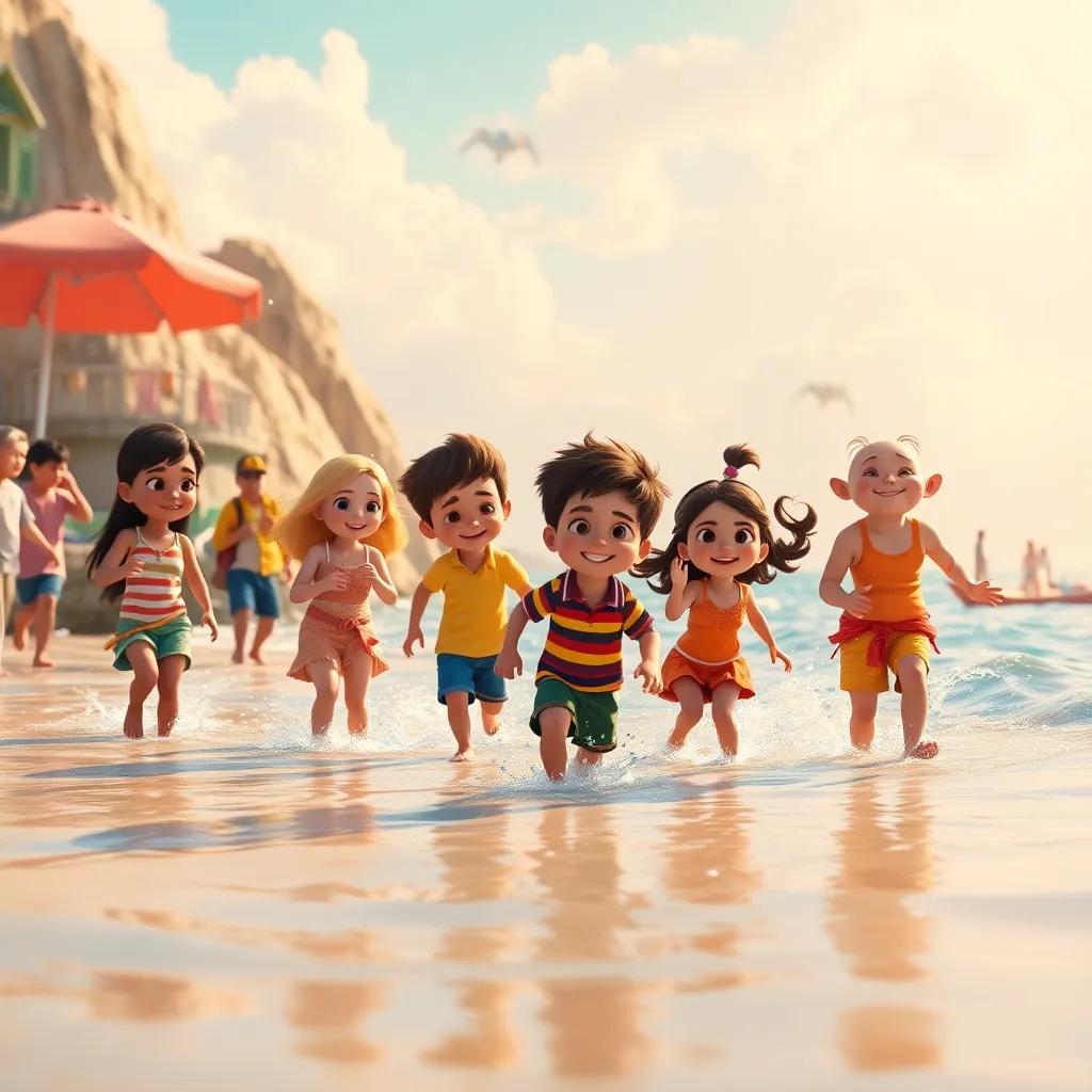Um desfile de brinquedos na ilha mágica, com crianças da praia se juntando a Lucas, cheio de cores brilhantes e risadas, numa cena cheia de animação, vivid art, lively gathering, enchanting atmosphere, high quality