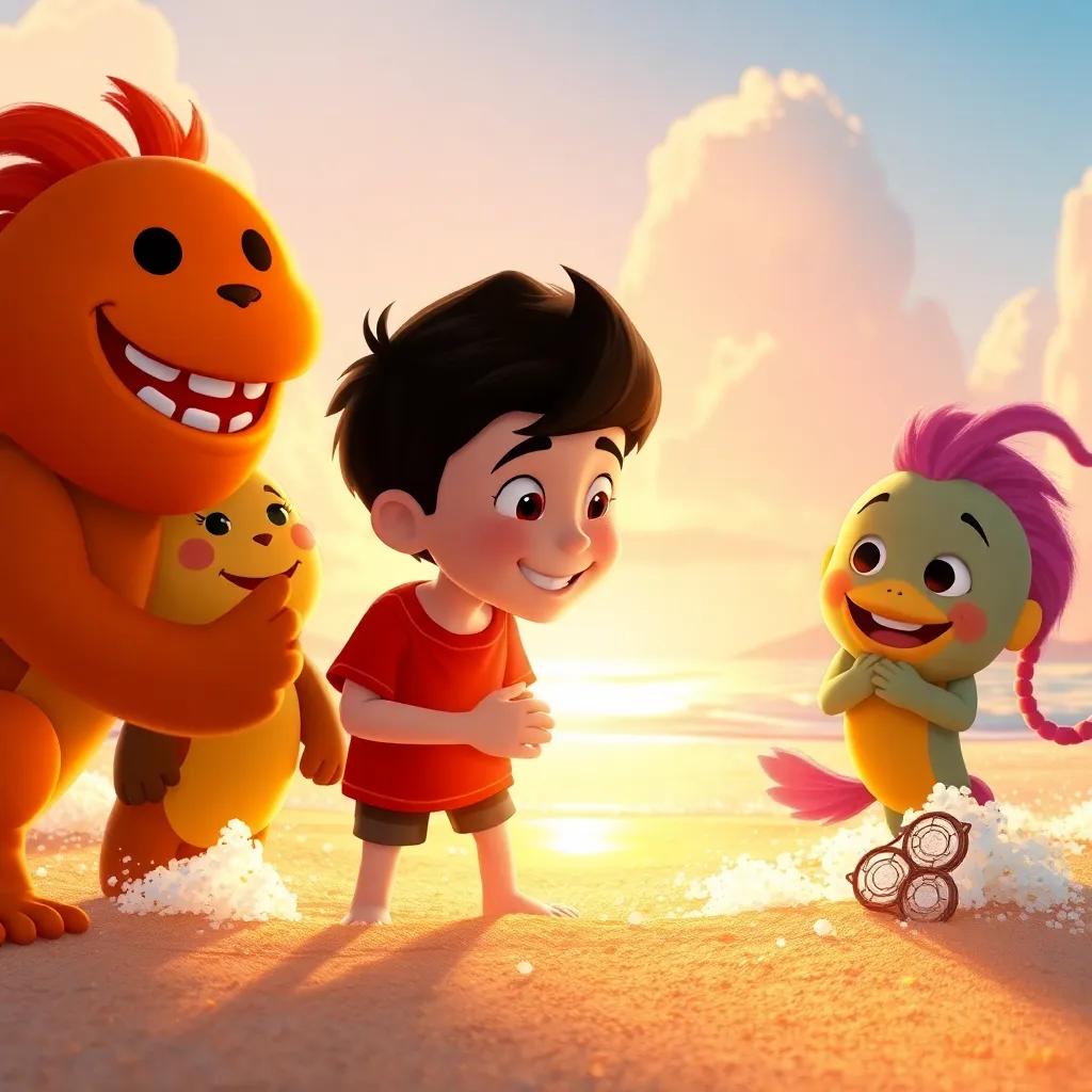 Um momento de despedida entre Lucas e os brinquedos, todos felizes, acenando, com a praia e o sol brilhando ao fundo, warm colors, heartfelt farewell, happy expression, high quality