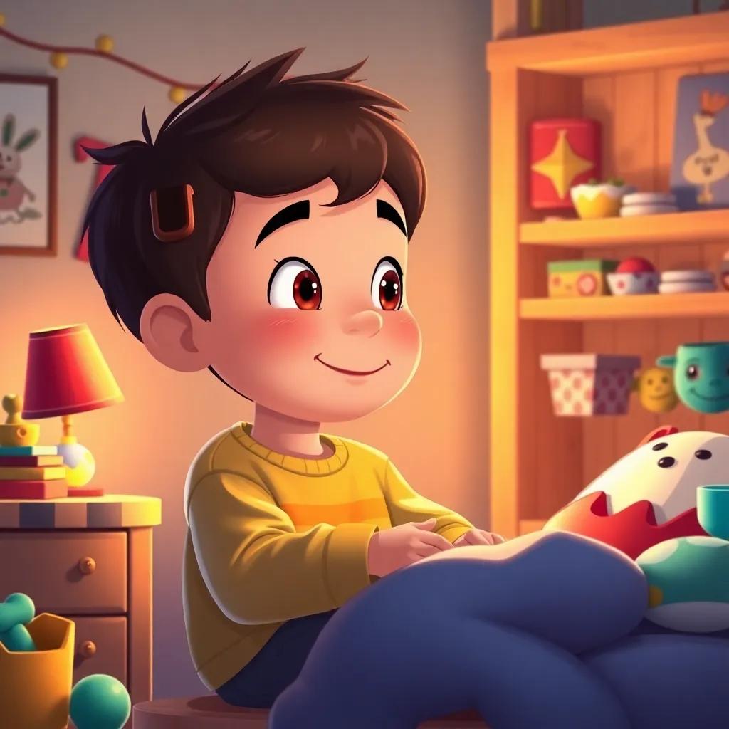 Lucas, um menino de 7 anos, olhando para seus brinquedos com novos olhos e um sorriso, em seu quarto cheio de brinquedos, ilustrando um ar de alegria e imaginação, digital illustration, cozy atmosphere, bright colors, high quality