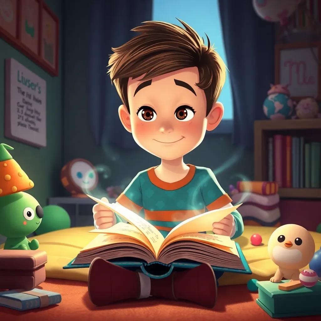 Uma cena de Lucas criando histórias com seus brinquedos, sentado em seu quarto, com um livro aberto e brinquedos ao redor, ilustrando a mágica da criatividade, whimsical art, imaginative vibe, cheerful colors, high quality
