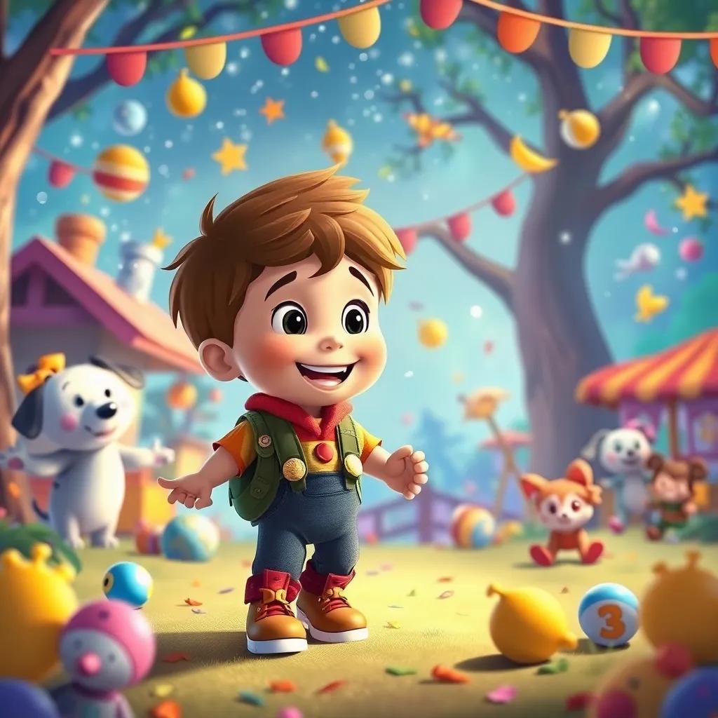 Lucas com seus brinquedos, envolvendo-se em um cenário vibrante de brincadeira e imaginação, mostrando a verdadeira mágica do mundo, colorful illustration, joyful setting, lively mood, high quality