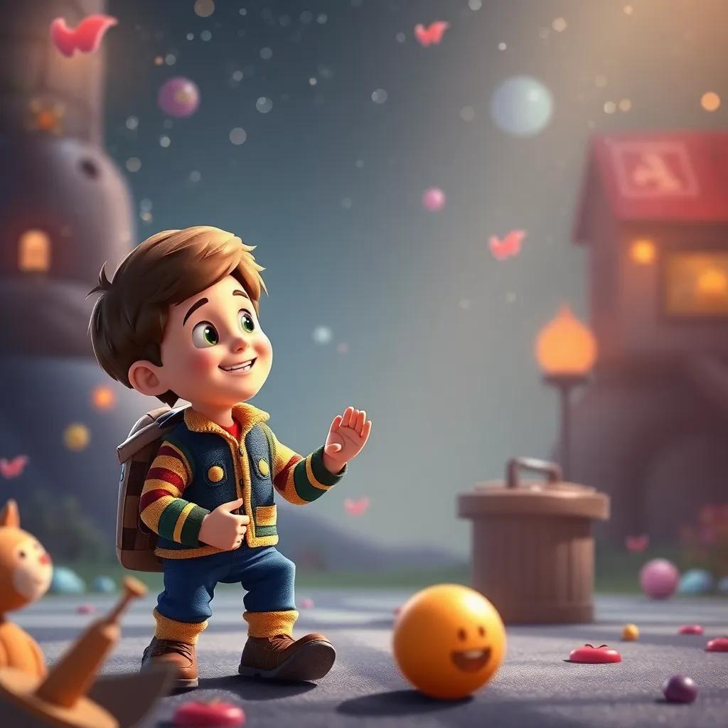 Um final feliz com Lucas, olhando satisfeito para seus brinquedos, enquanto imagina novas aventuras, em uma cena mágica e calorosa, digital art, heartwarming, imaginative, colorful, high quality