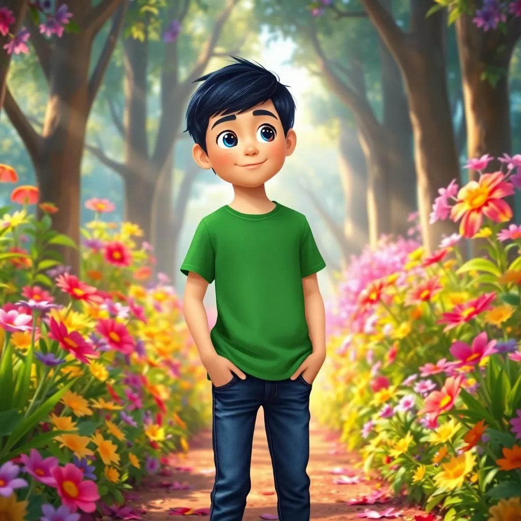 A boy named Lucas, with short black hair, wearing a green t-shirt and jeans, standing in a colorful forest filled with vibrant flowers and sunlight filtering through trees, digital art, bright colors, magical atmosphere, child-friendly