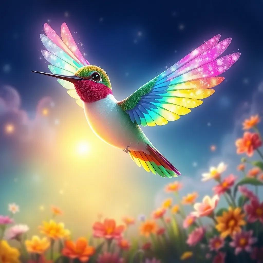 A magical hummingbird with sparkling rainbow feathers, flying over a golden light, leading Lucas into a magical world with colorful flowers, illustration, whimsical, enchanting scene, high quality