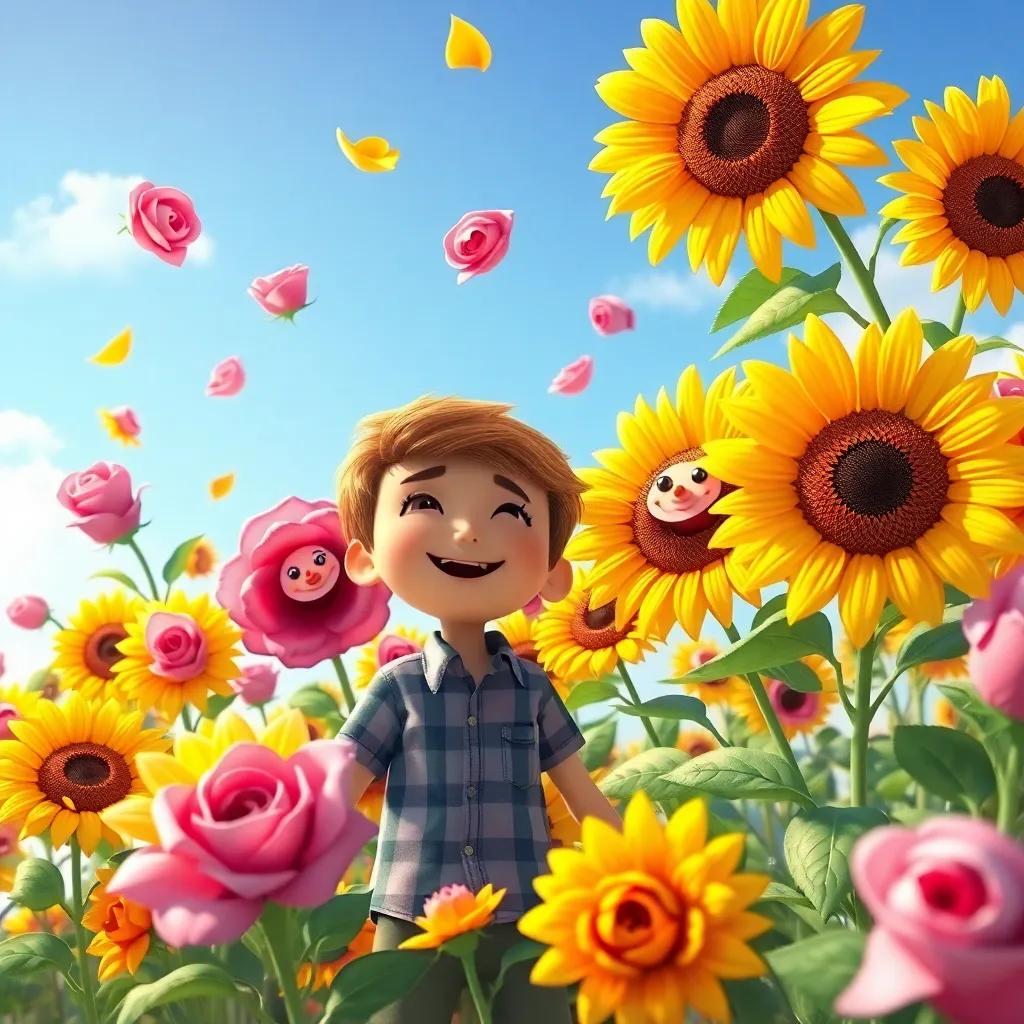 Talking flowers with happy faces, roses singing and sunflowers dancing in the breeze, swirling around Lucas in a joyful celebration, colorful, cheerful atmosphere, fantasy art, vibrant