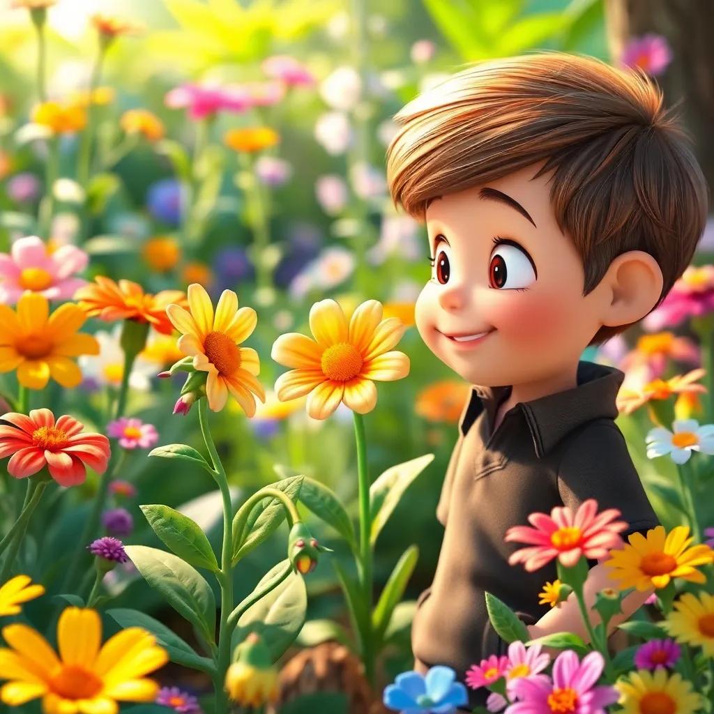 A small flower speaking to Lucas, who looks amazed, surrounded by a lively garden of various flowers and plants, detailed, bright colors, welcoming scene, heartwarming