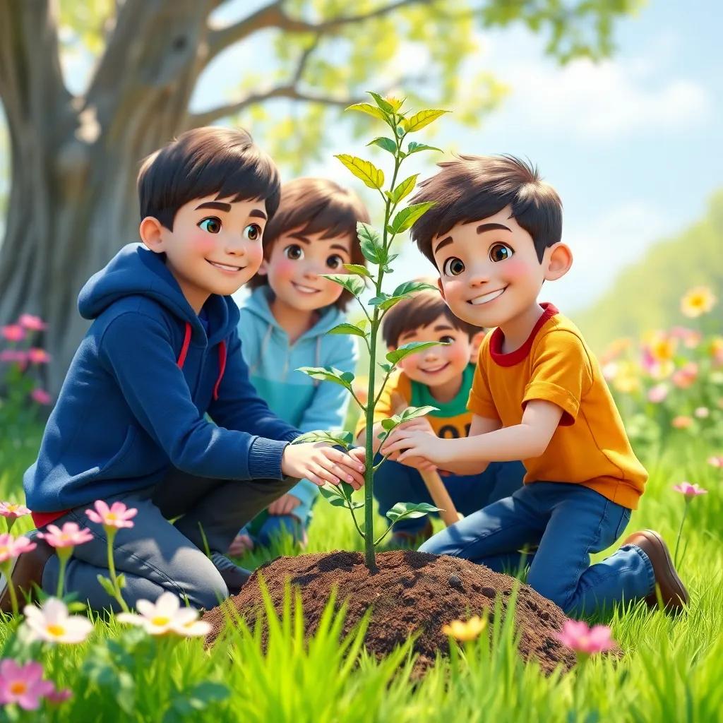 Lucas planting a young tree with his friends, smiling and working together, surrounded by blooming flowers and green grass, sunny day, engaging, joyful art, community spirit