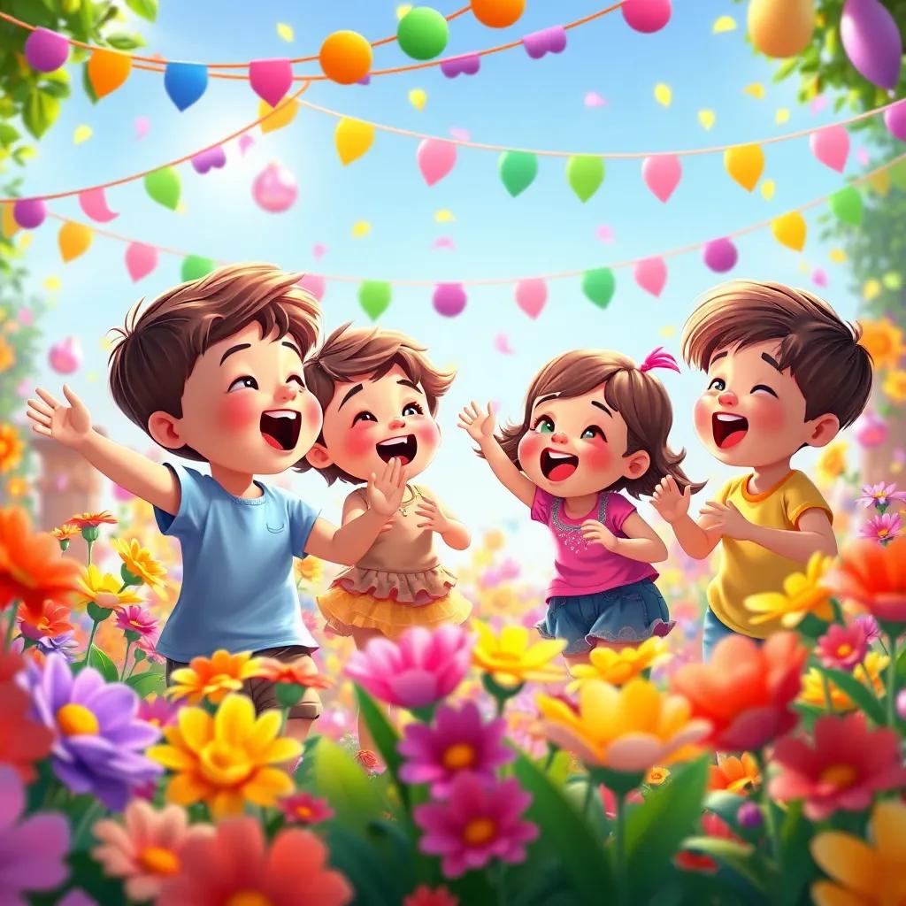 Children singing and dancing among flowers, having a fun garden party, colorful decorations and brightly colored petals, lively and joyful energy, festival scene, uplifting