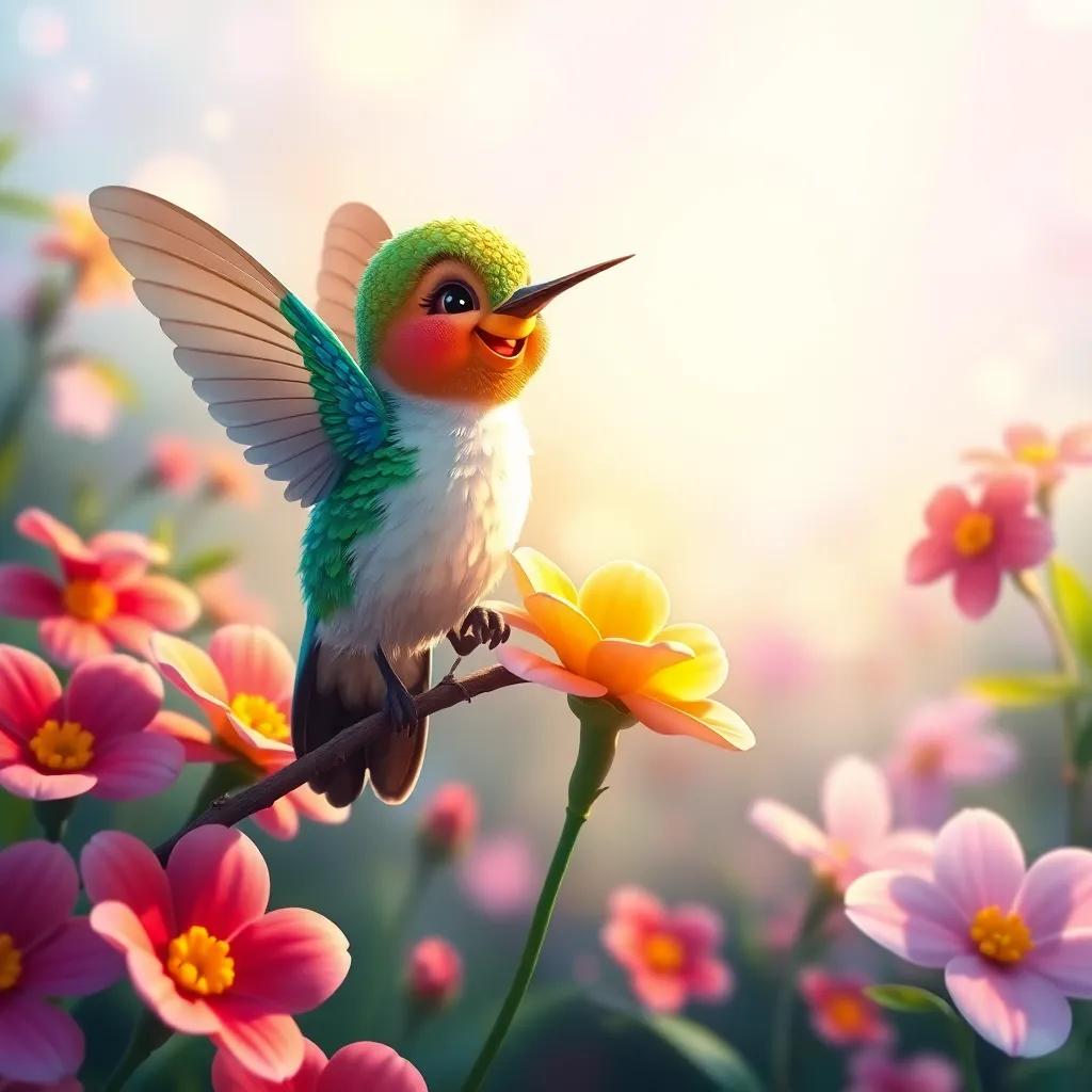 The magical hummingbird smiling at Lucas, perched on a blooming flower, in a colorful garden full of light, spirits of nature around, heartwarming, charming composition