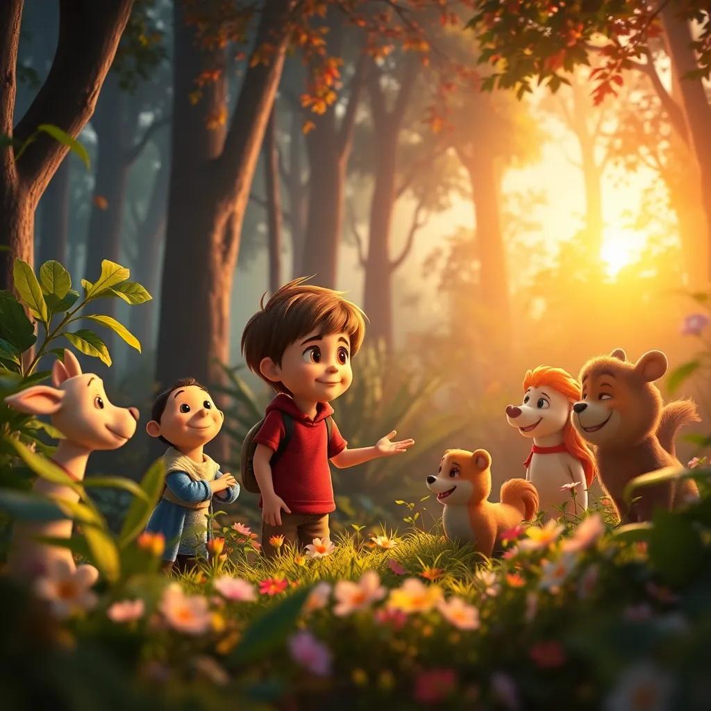 Lucas in a forest with his friends, showing them the beauty of plants and flowers, joyful engagement, warm colors, inspiring atmosphere, stories and friendship