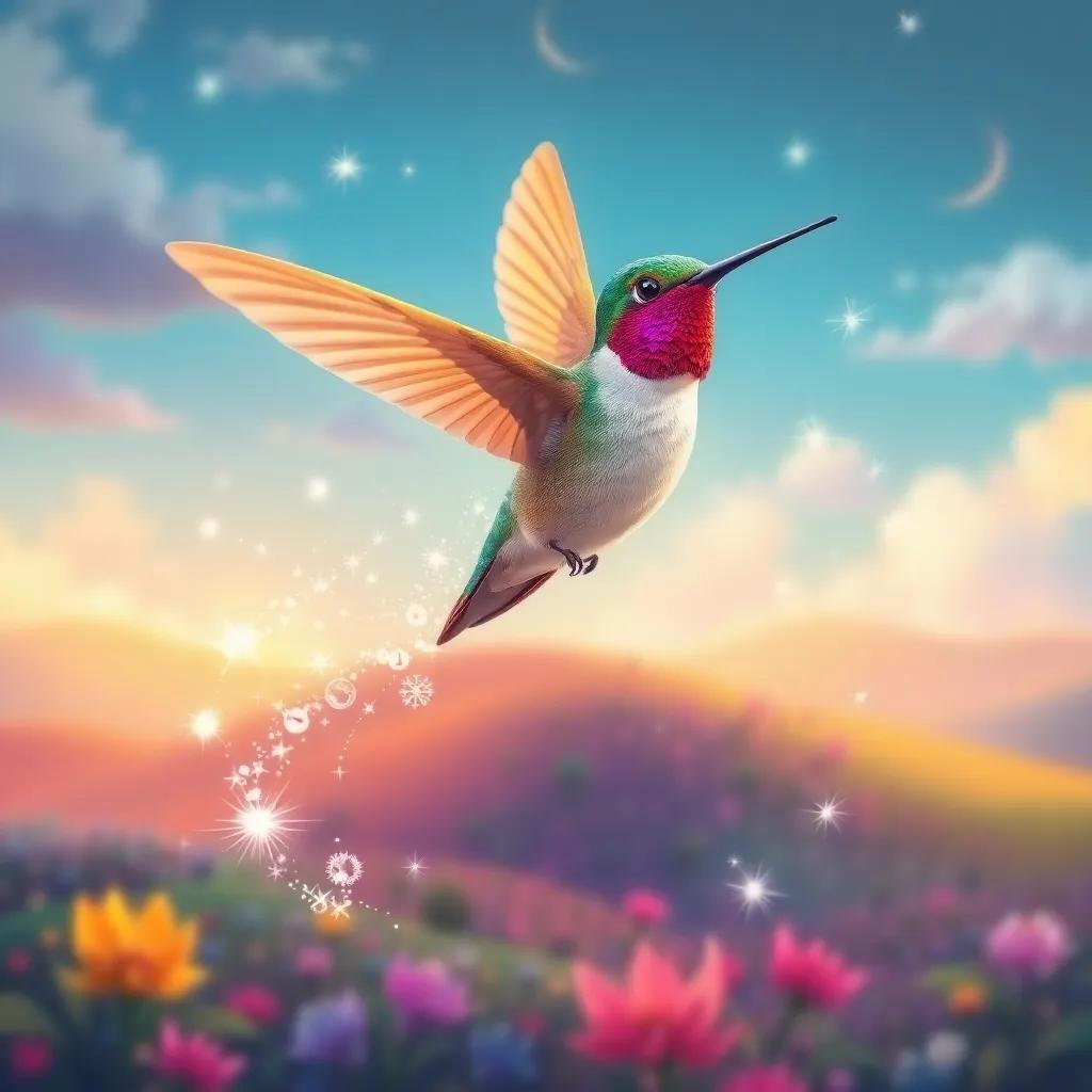 A magical hummingbird flying over a vibrant landscape, leaving trails of sparkling magic, symbolizing love for nature, colorful, dreamlike, fantasy art, creative