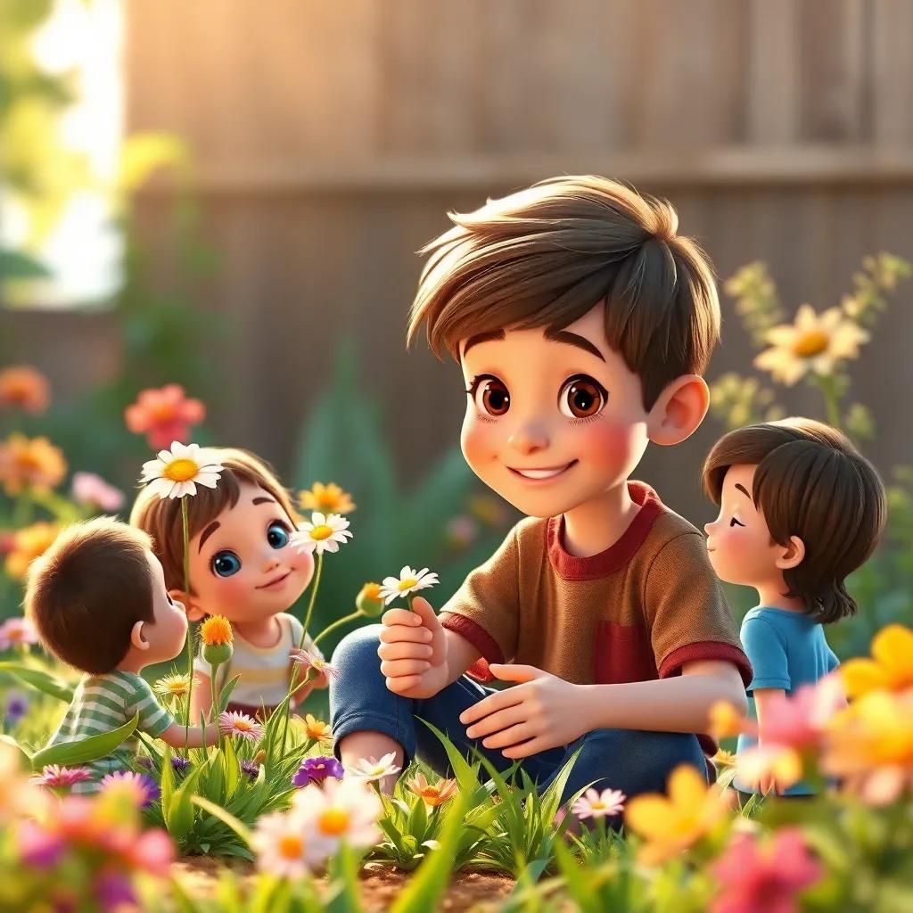 Lucas growing older, caring for his garden and flowers, teaching children around him about nature, warm light, nurturing spirit, fulfilling, inspiring character development