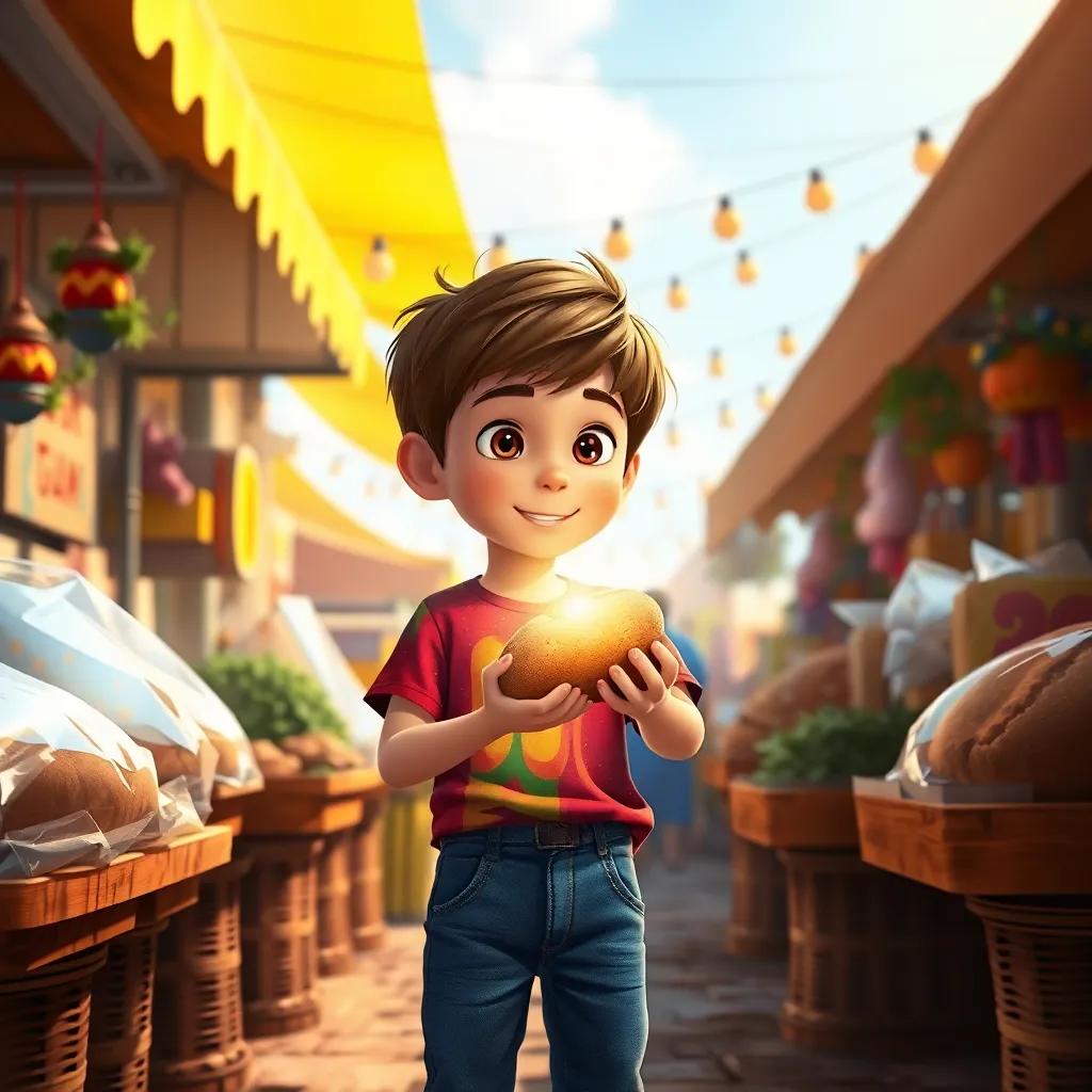 A young boy, Leo, with short brown hair, wearing a colorful t-shirt and jeans, finding a magical bread shining in the sun at a vibrant market, detailed digital art, warm colors, inviting atmosphere, high quality