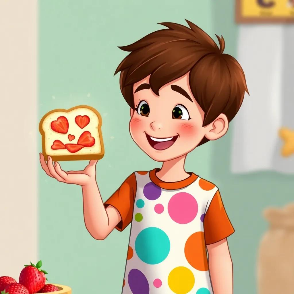 Leo, a young boy with short brown hair in a colorful t-shirt, smiling joyfully as he touches the magical bread that creates a strawberry pie, illustration, cheerful, child-friendly, vibrant colors