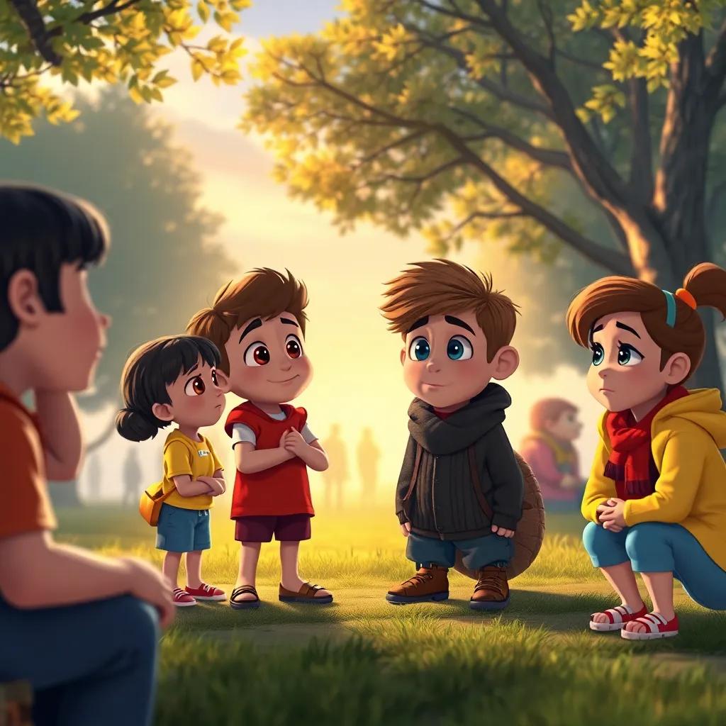 Leo and his friends seeing the sad people near the park, with expressions of concern, deciding to help, bright and warm light, conveying empathy, heartwarming scene, digital art, detailed and vibrant