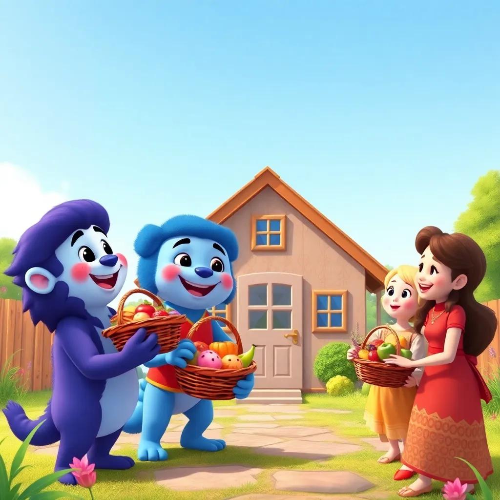 Leo and his friends joyfully delivering baskets of magical food to a small house, receiving happy smiles from grateful people, illustration, cheerful and uplifting, vibrant colors, clear blue sky, high quality