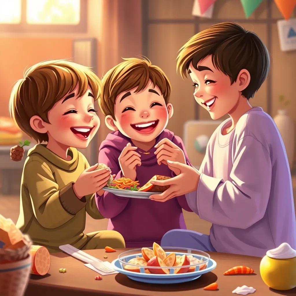 The children happily sharing food with each other, filled with laughter as they make it a habit, depicting love and joy, colorful, warming atmosphere, illustration, detailed and vibrant