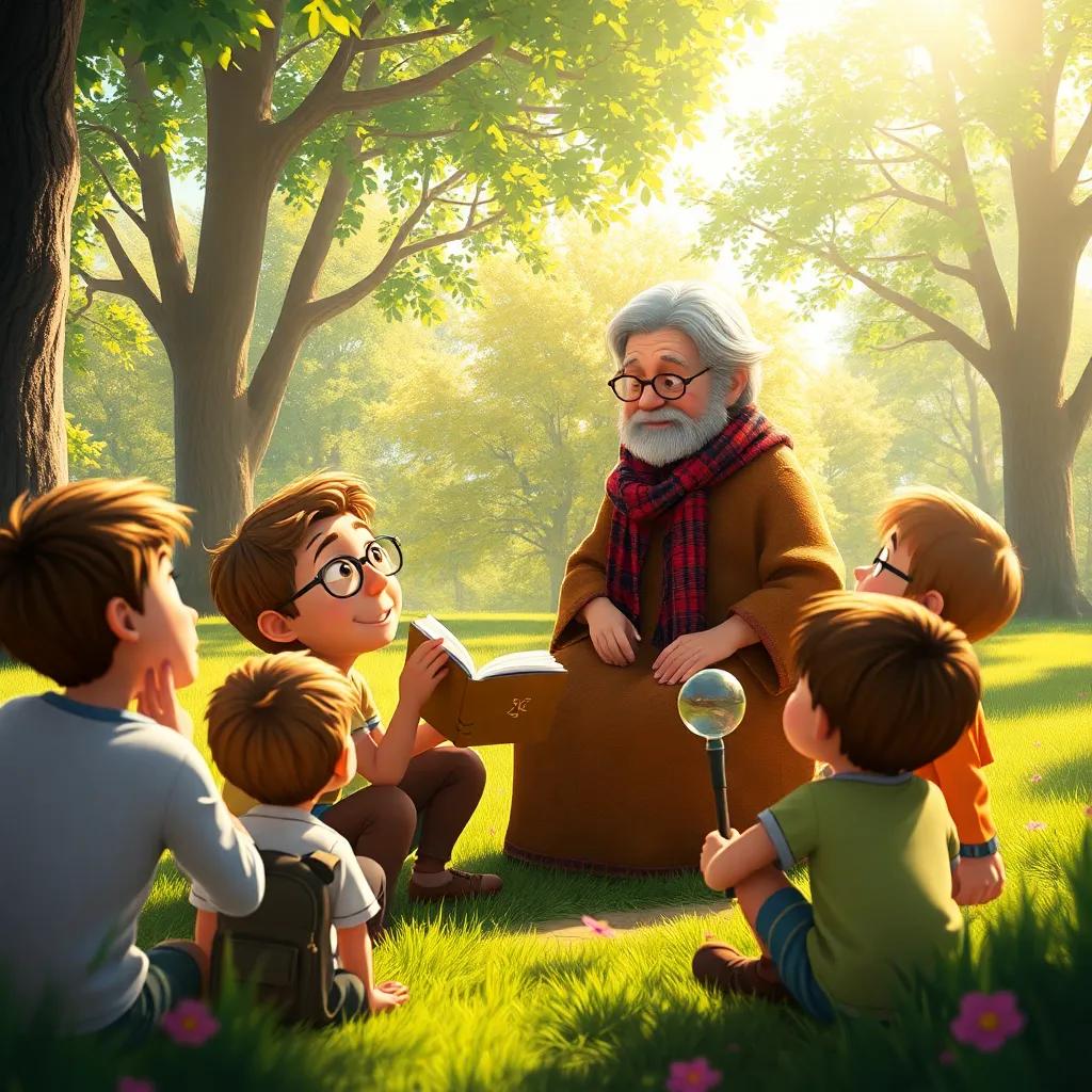 Leo listening to an old woman in the park telling a story, surrounded by friends and curious children, bright sunlight creating a magical aura, heartwarming scene, digital art, friendly, engaging
