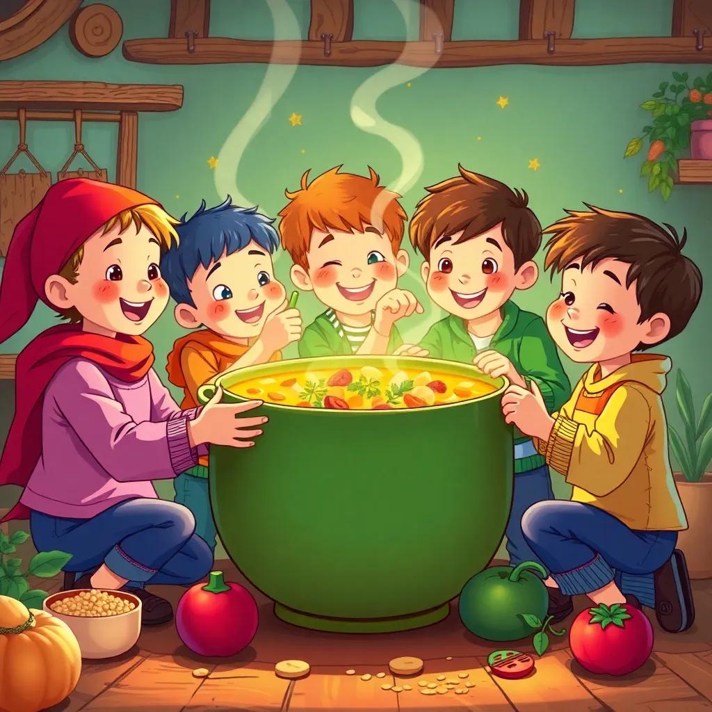 The children creating a special soup together with their magical bread, gathering fresh ingredients, working as a team, vibrant colors, joyful atmosphere, detailed illustration, high quality