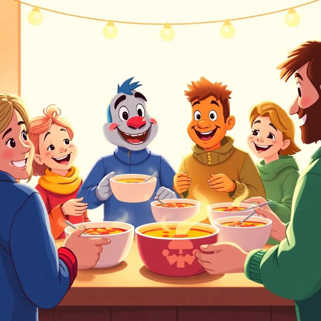 Leo and his friends serving hearty soup to happy people, showcasing smiles and gratitude, warm light setting a caring mood, illustration, heartwarming, vibrant, inviting
