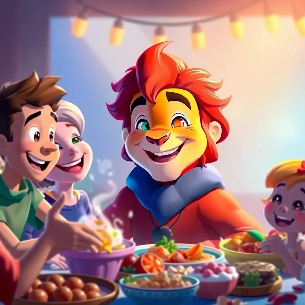 Leo realizing that love and friendship were the true magic, smiling with his friends around the table filled with food, bright colors and cheerful expressions, celebrating together, high quality digital painting