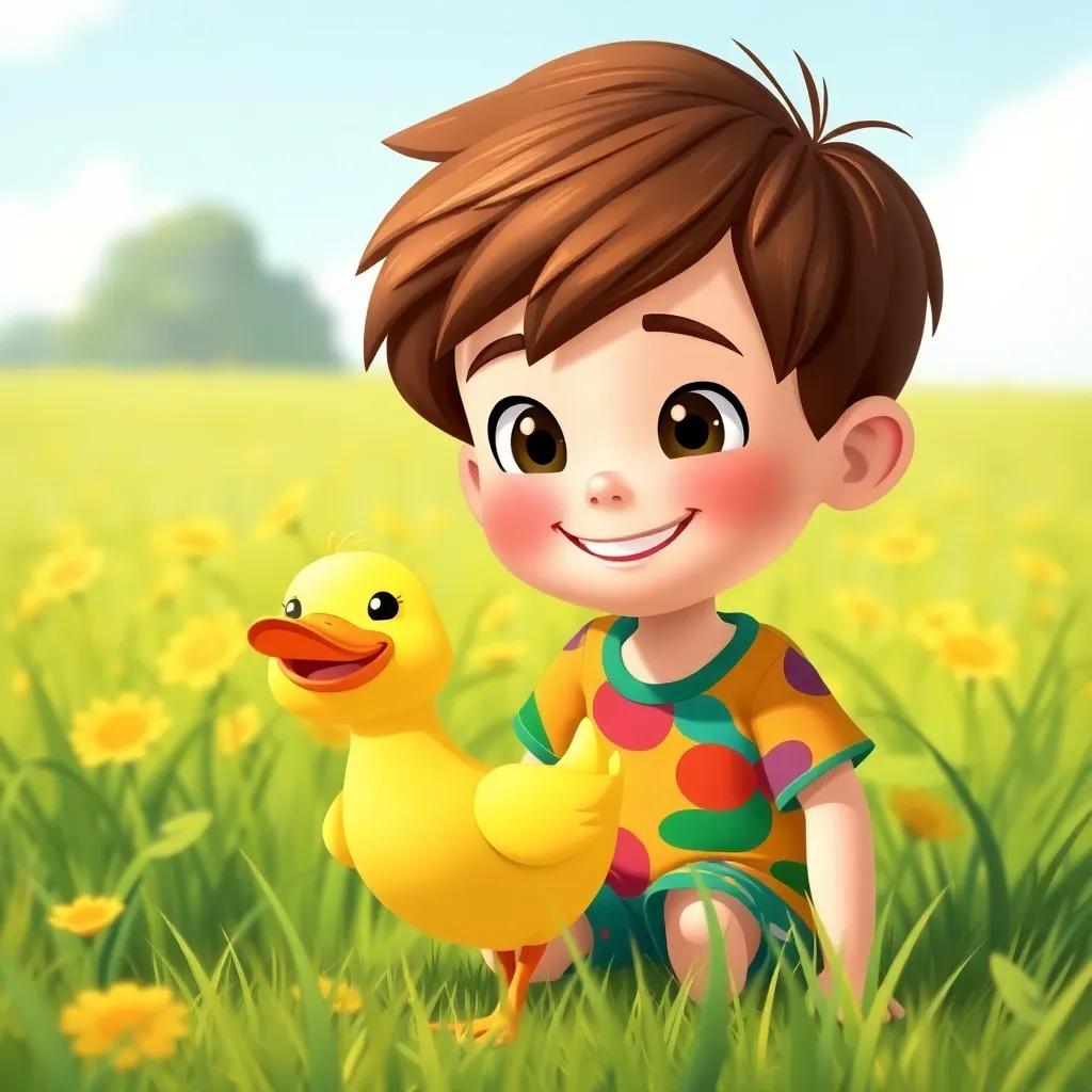 A young boy named Lucas, smiling with short brown hair, wearing a colorful t-shirt and shorts, finding a yellow duck with a big smile, in a sunny grassy field, cheerful, vibrant colors, digital art, whimsical scene, child-friendly