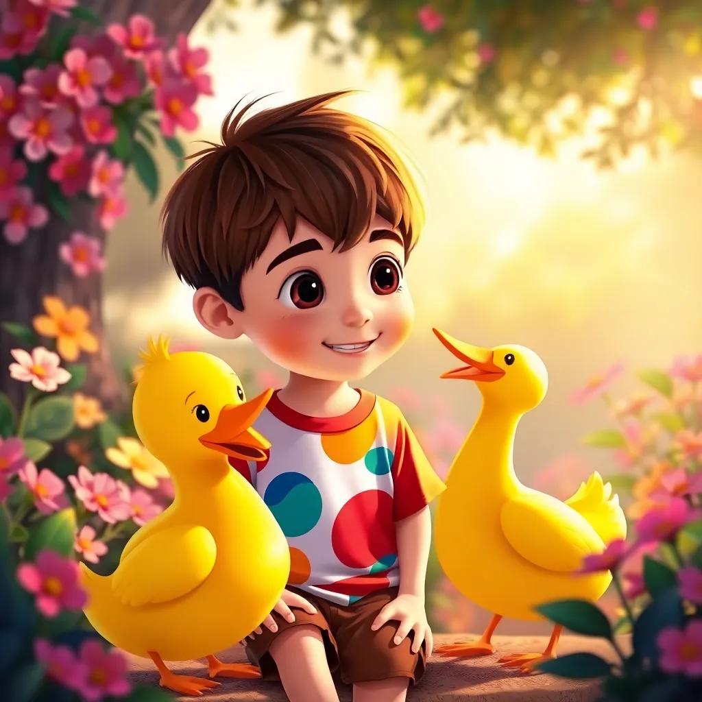 Lucas, a young boy with short brown hair, wearing a colorful t-shirt and shorts, talking to a happy yellow duck, with a background of blooming flowers, bright sunlight, enchanting atmosphere, illustration, warm colors, inviting
