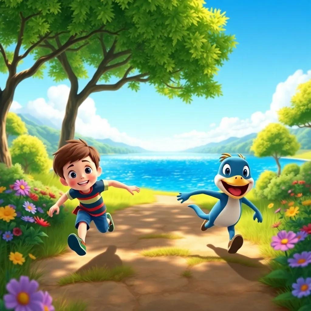 Lucas and Pato running hand in hand towards a sparkling lake, surrounded by lush green trees and colorful flowers, with a bright blue sky above, cheerful expressions, joyful adventure, colorful landscape, child-friendly art, fun