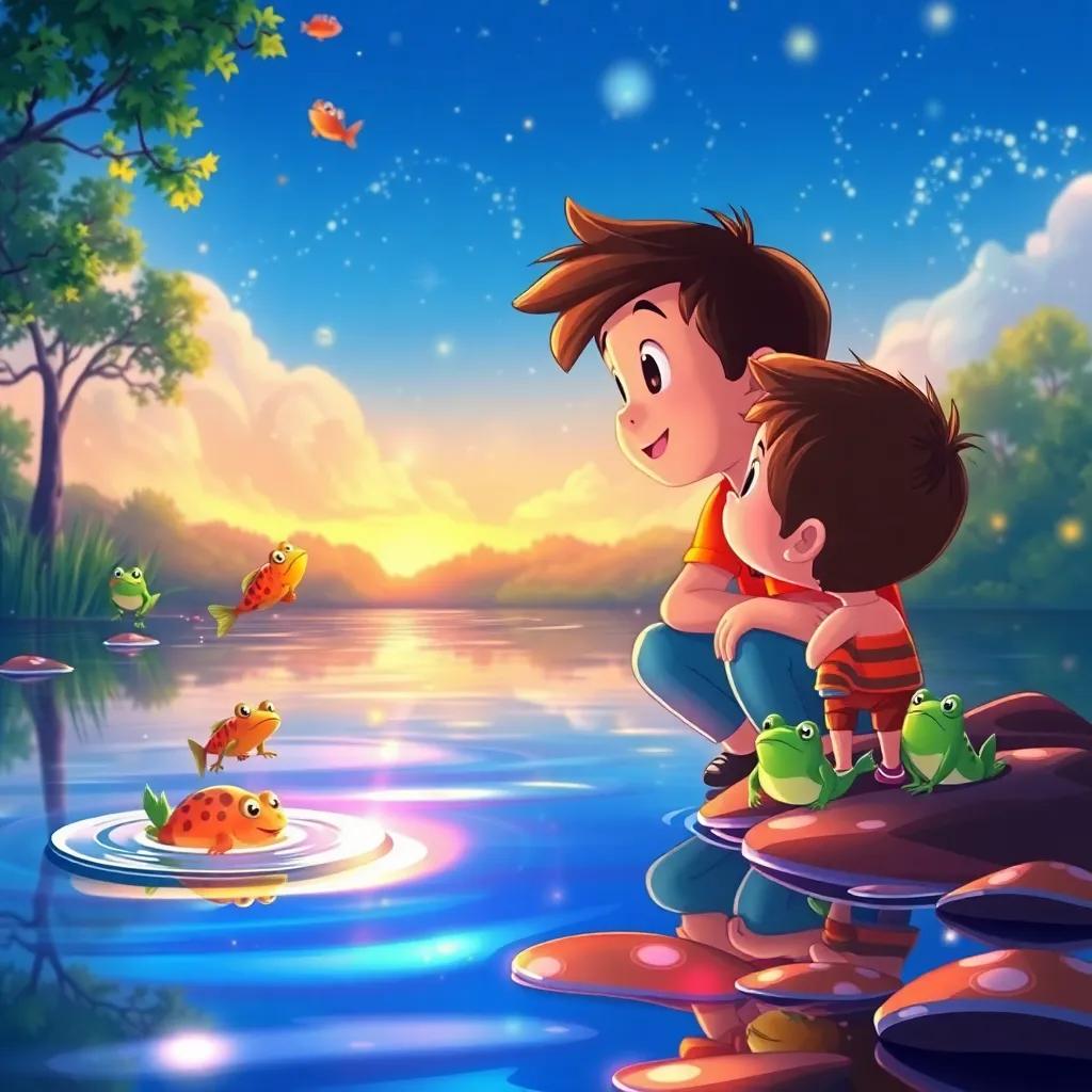 The shimmering lake with Lucas and Pato gazing at jumping fish and singing frogs, reflections on the water, bright colors, magical scene, illustrated, joyful atmosphere