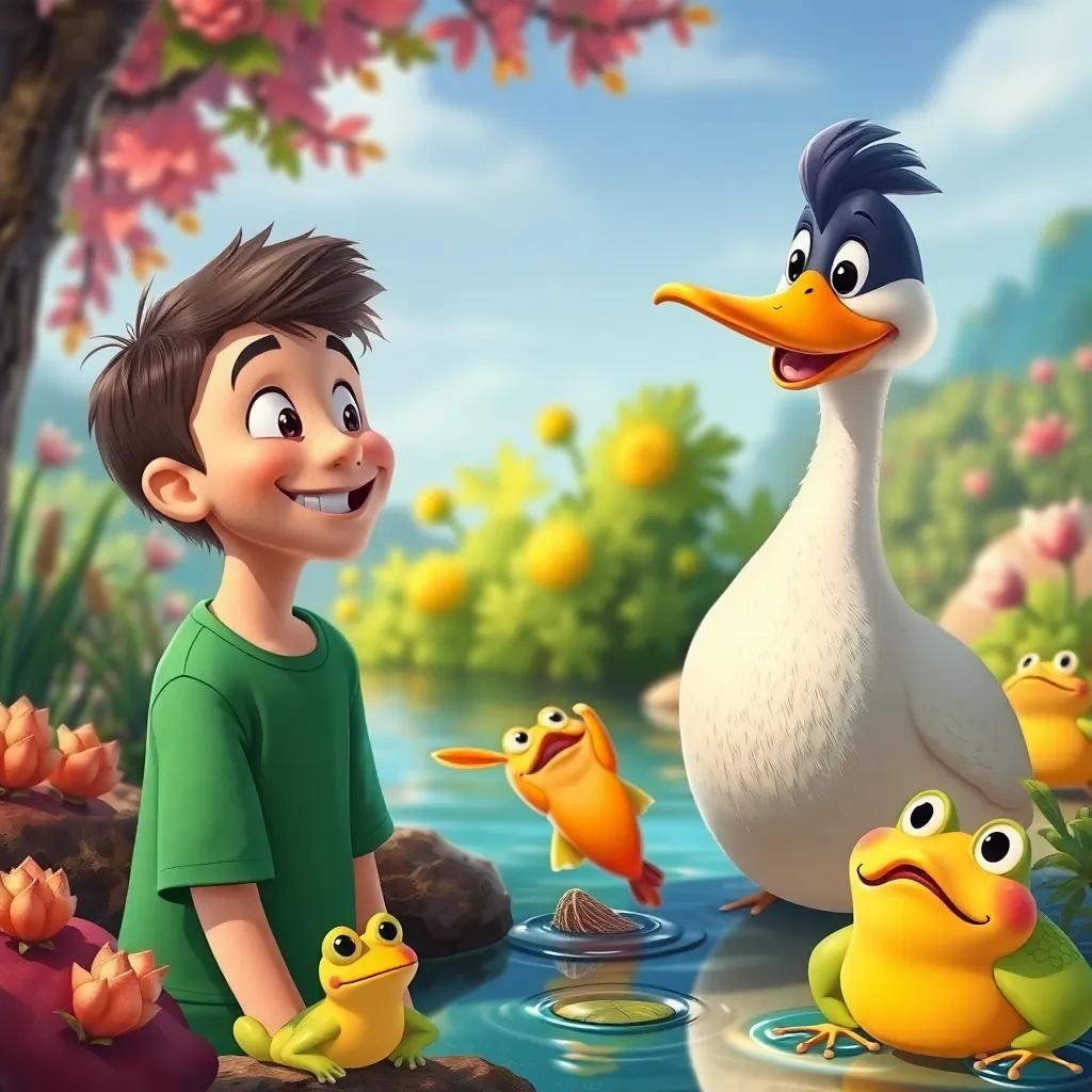 Lucas, smiling at the talking duck, Pato, explaining the importance of nature, surrounded by colorful scenery, with saucy fish and playful frogs, whimsical art style, warm tones