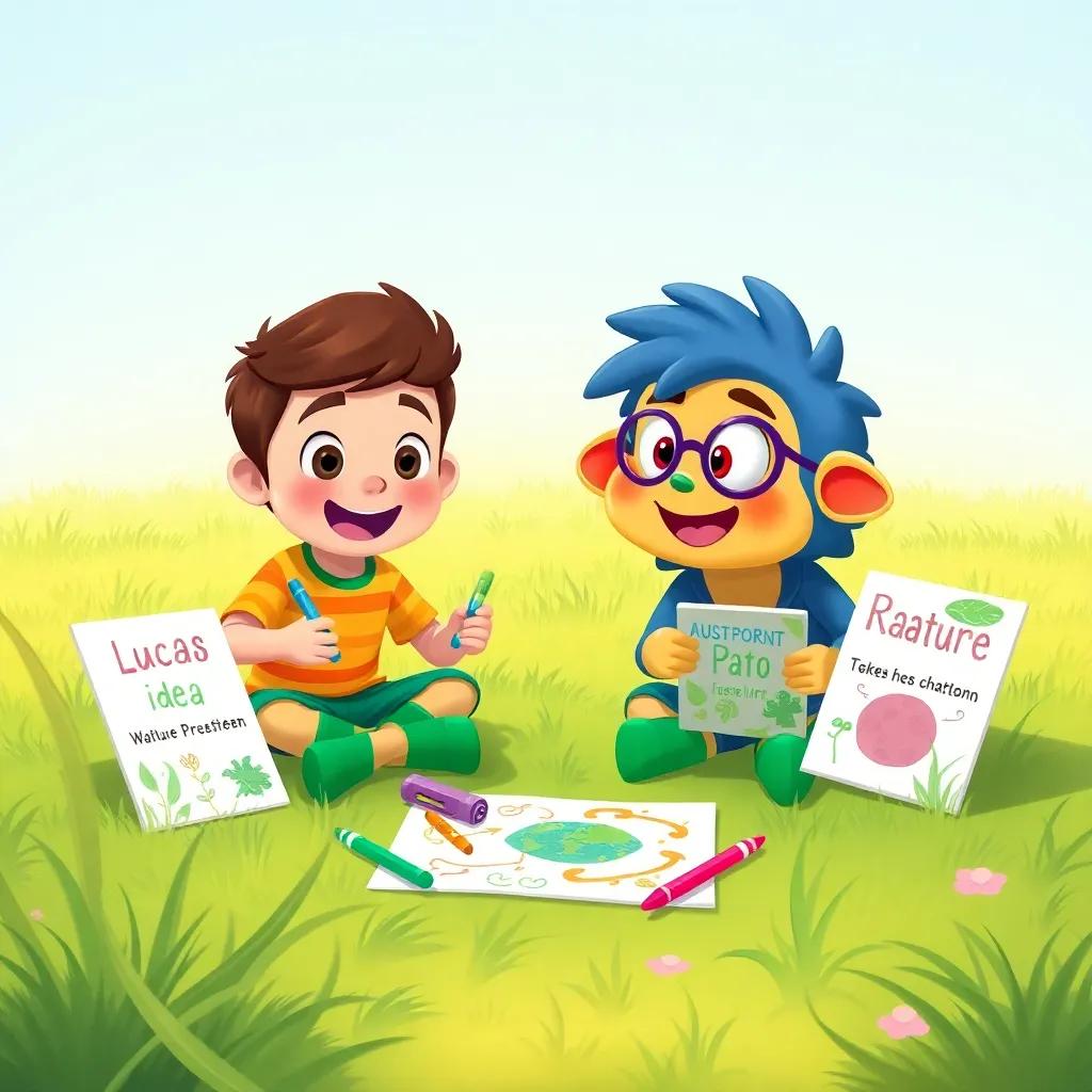 Lucas and Pato brainstorming ideas, sitting on the grass with vibrant markers and colorful posters about nature preservation, excited expressions, lively and bright setting, illustration, child-friendly