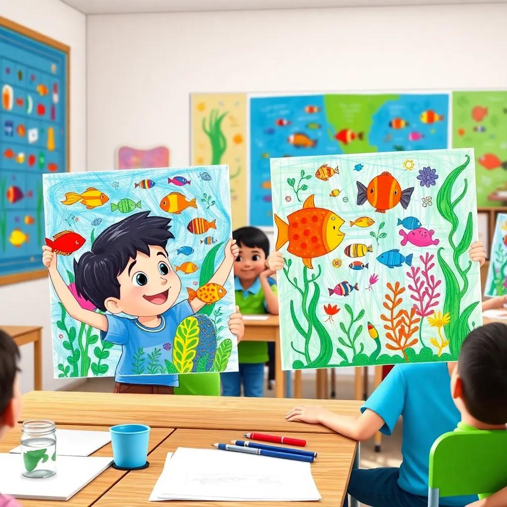 The colorful posters drawn by Lucas and Pato, filled with fish and plants, displayed in a classroom with other children excitedly looking at them, vibrant colors, collaborative spirit, cheerful art style