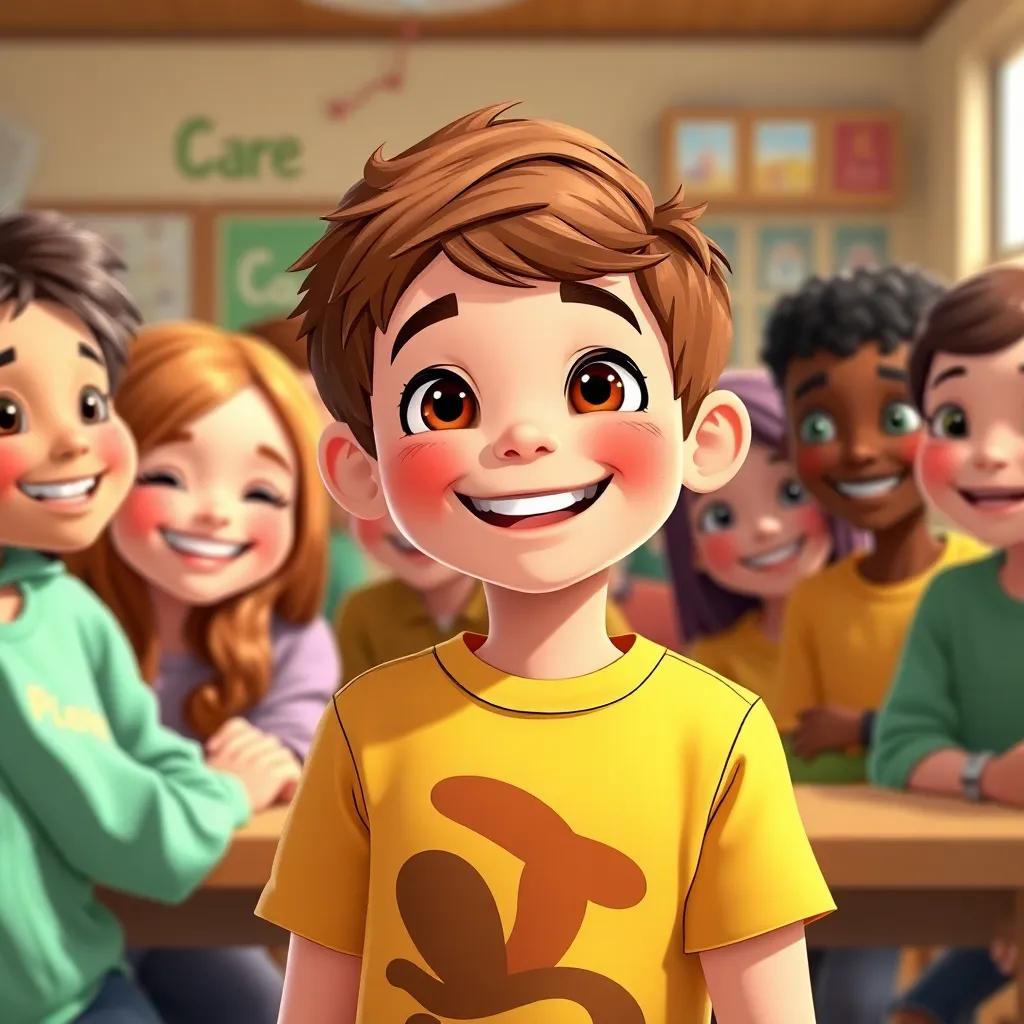 Lucas, a young boy, smiling with a big group of friends, happily talking about nature care in the classroom, bright cheerful atmosphere, warm and friendly illustration