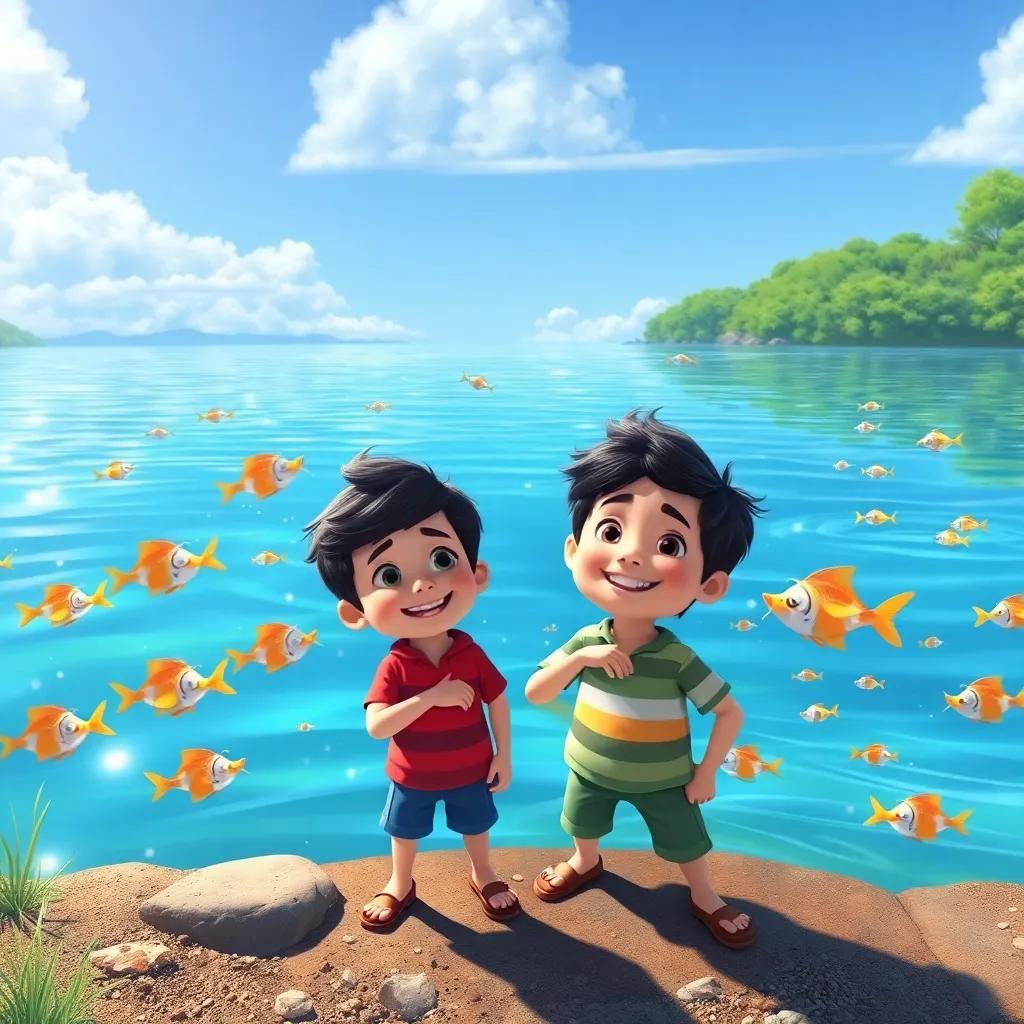 The once sparkling lake, now cleaner and filled with happy fish swimming, with Lucas and Pato smiling proudly on the shore, vibrant colors, meaningful moment, children-friendly art