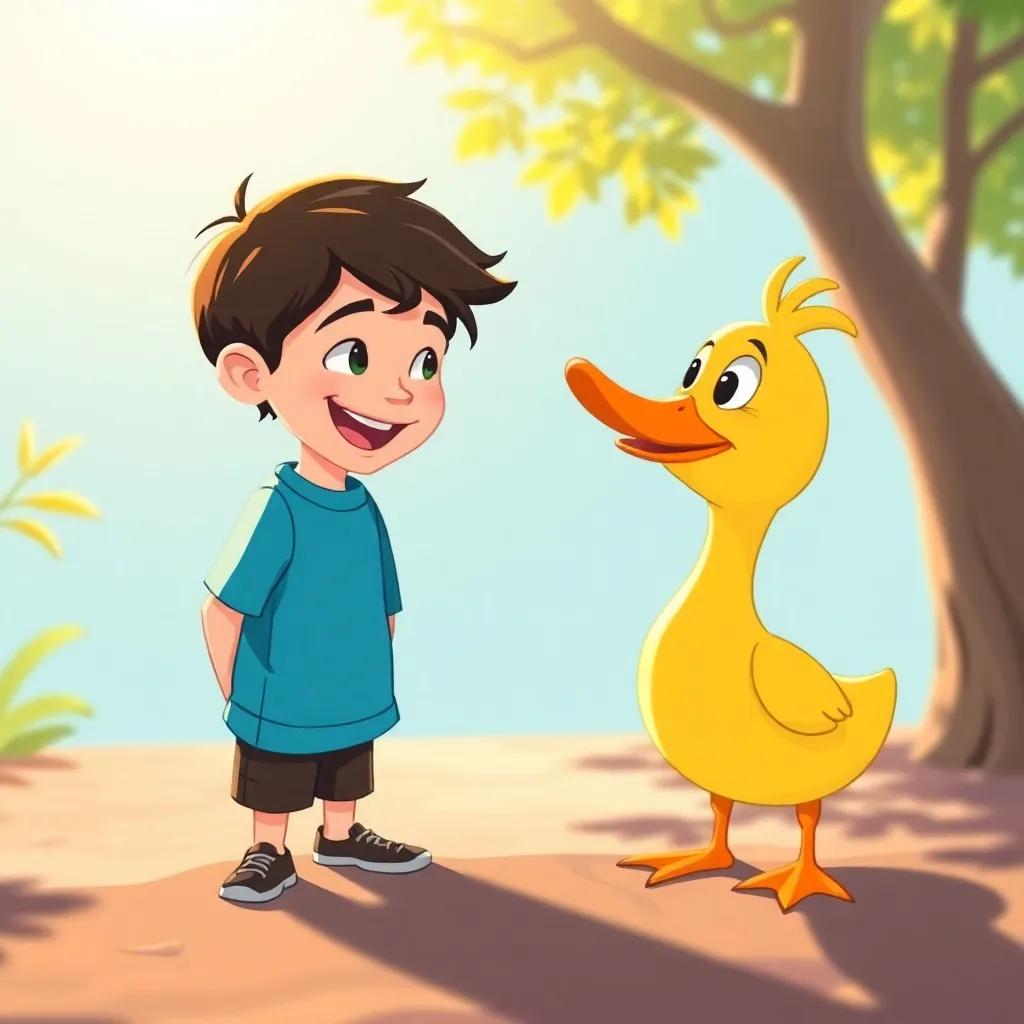 Lucas and Pato, a happy boy and a cheerful yellow duck, joyfully looking at each other, knowing they made a difference for the environment, warm sunlight, friendly atmosphere, colorful illustration