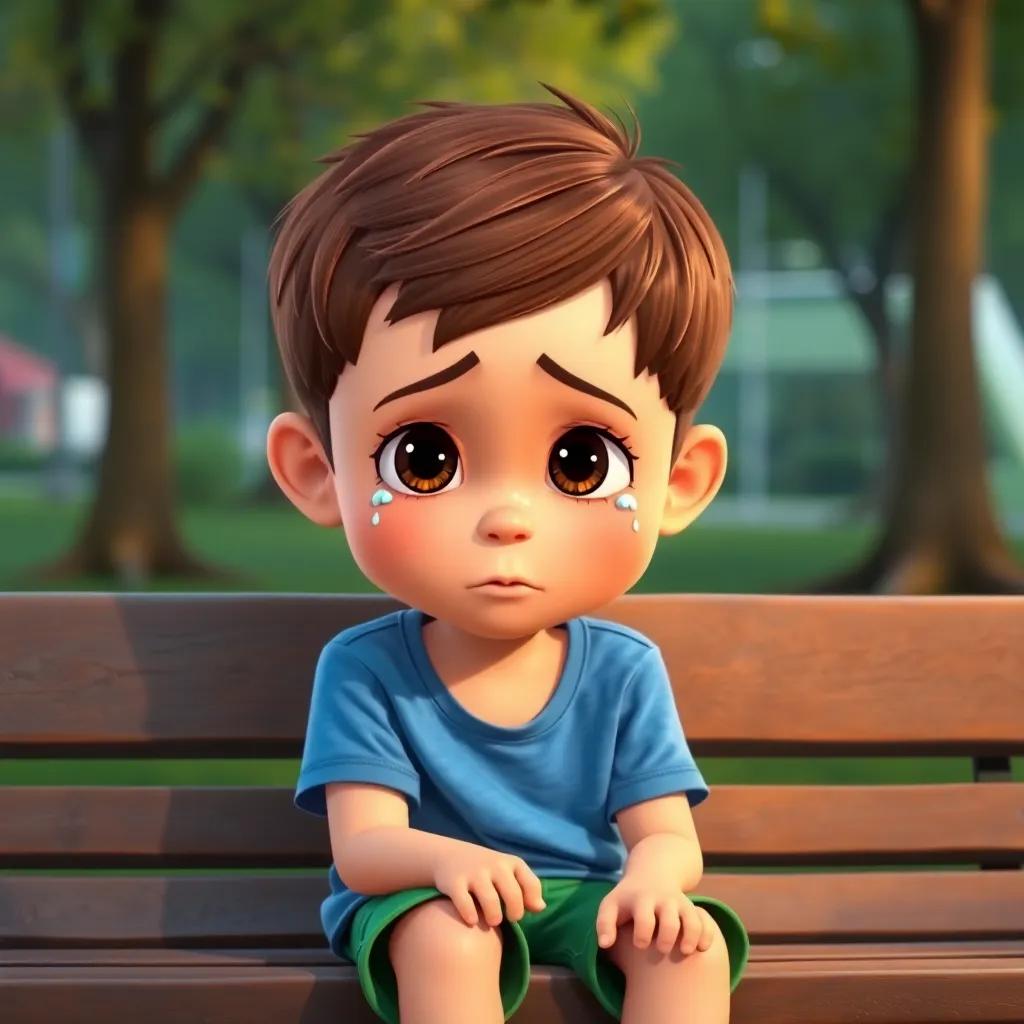 Lucas, a young boy with short brown hair, wearing a blue t-shirt and green shorts, sitting on a park bench with tears in his eyes, looking sad, digital art, warm colors, soft lighting, child-friendly