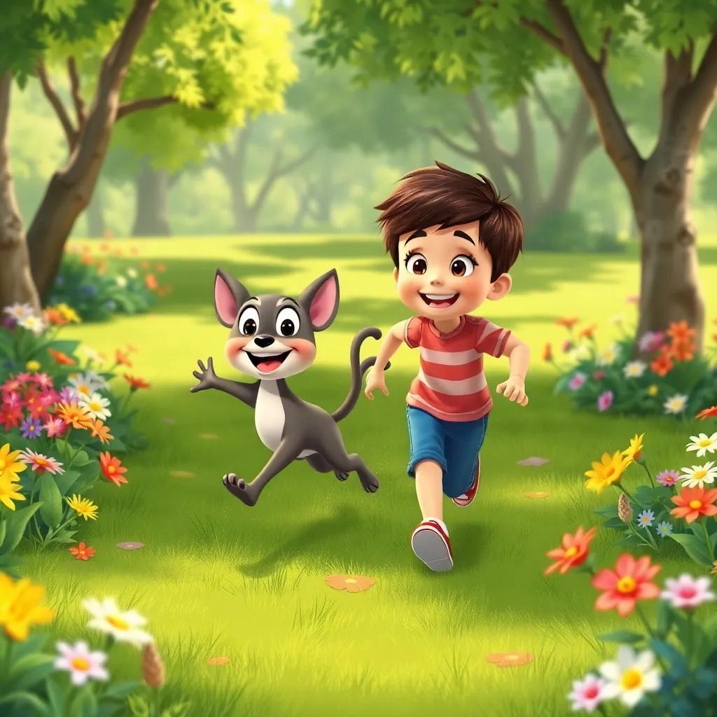 Lila running around in circles, chasing her tail, with Lucas starting to smile, both are in a green park with colorful flowers around, illustration, vibrant colors, joyful atmosphere