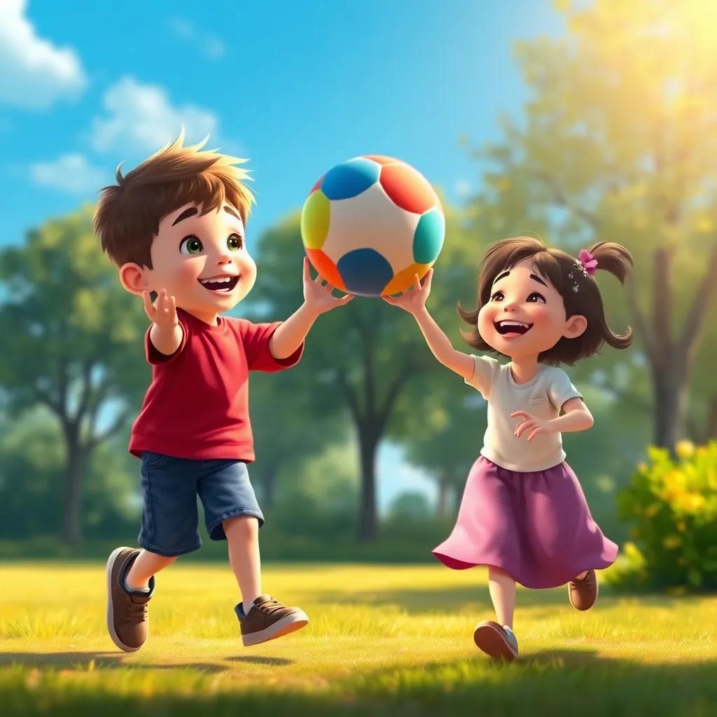 Lucas playing with a colorful ball, throwing it for Lila, who is eagerly chasing it, lots of laughter, in a park with blue skies, digital painting, warm light, happy vibe