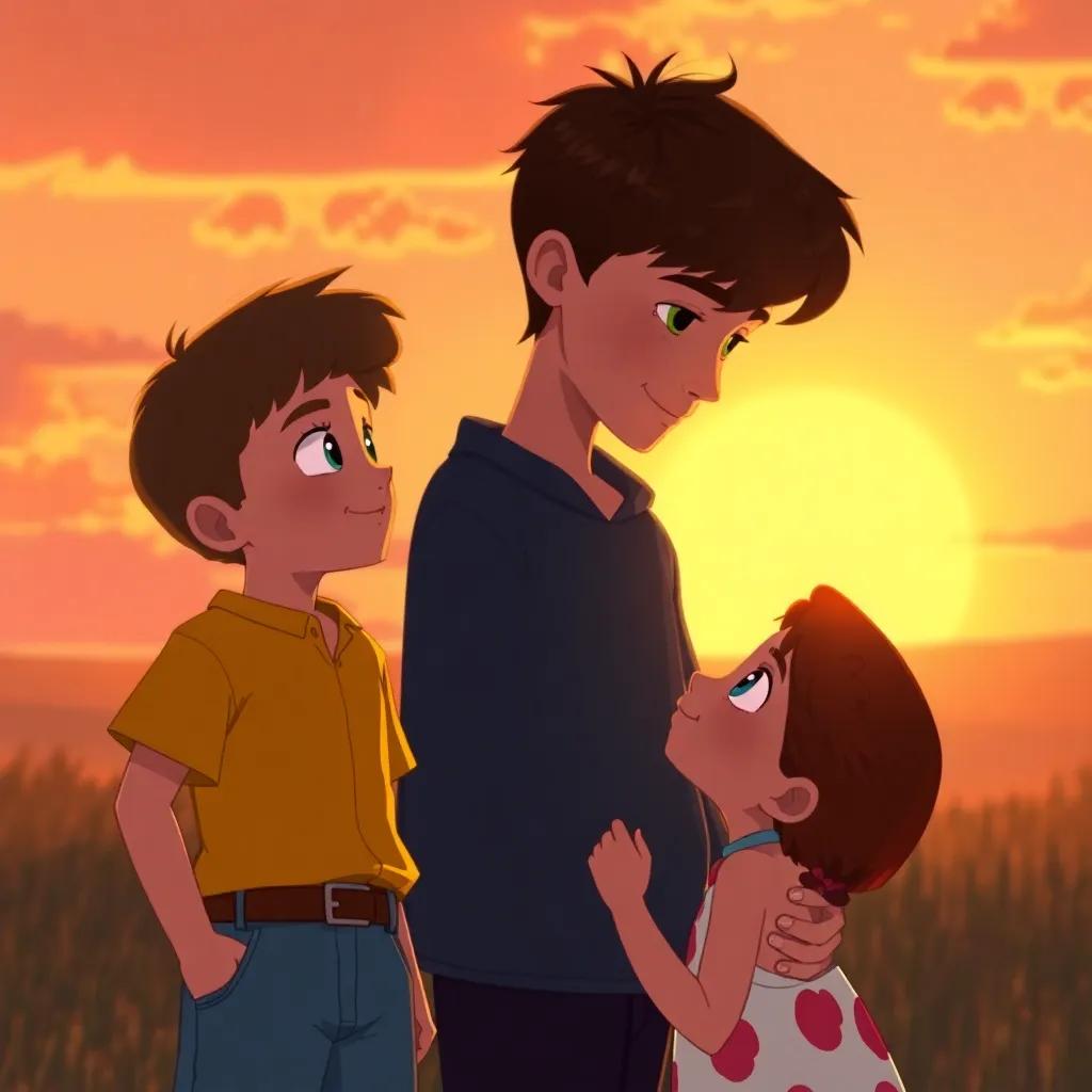 Lucas looking at Lila with gratitude, while she gazes back, understanding and affectionate, the sun setting in the background with warm hues, illustration, touching moment, beautiful colors