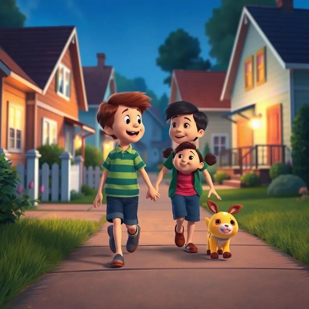 Lucas and Lila walking back home, with Lucas talking animatedly, and Lila happily trotting by his side, in a neighborhood with cozy houses, digital art, playful perspective, engaging scene