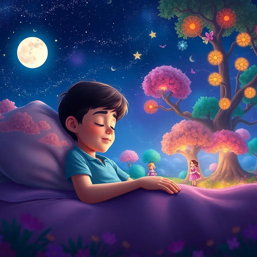 Lucas dreaming peacefully at night, with images of Lila in a magical wonderland filled with bright colors and enchanting trees, illustration, dreamlike atmosphere, whimsical and colorful