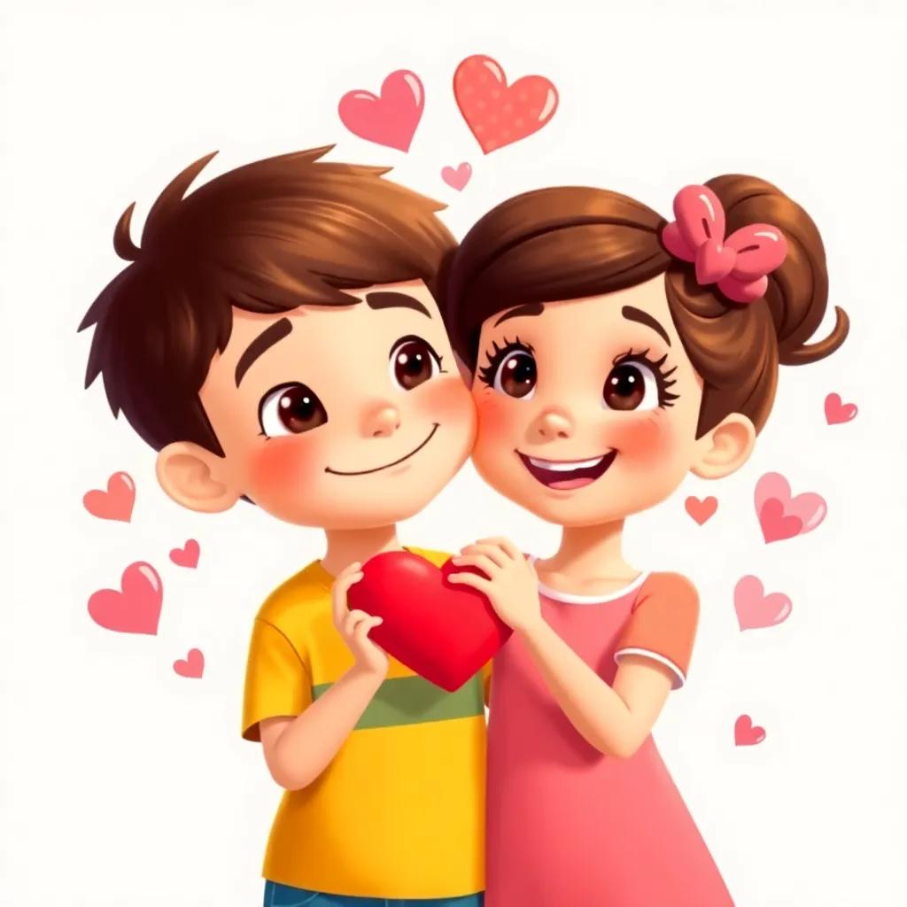 A strong bond between Lucas and Lila illustrated with hearts and cheerful elements around them, symbolizing their friendship, digital art, vibrant and lively design, child-friendly elements