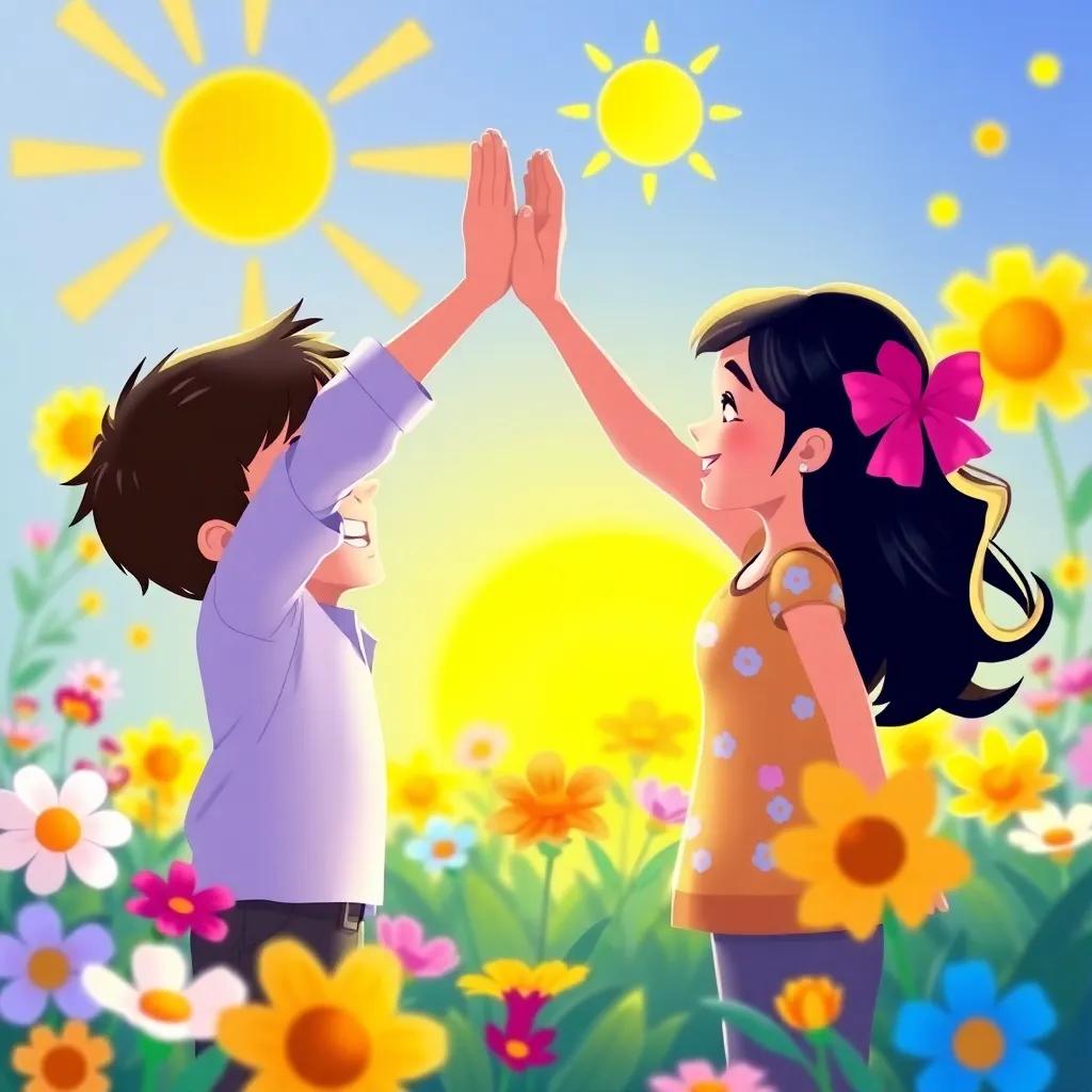 Lucas and Lila high-fiving each other, surrounded by happiness, flowers, and sunshine, representing their jubilant friendship, bright and colorful digital painting, uplifting theme