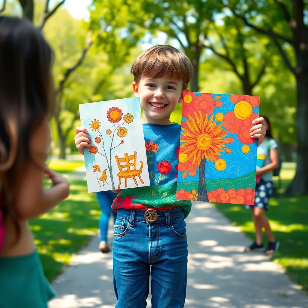 A young boy, Léo, with short brown hair, wearing a colorful t-shirt and jeans, excitedly showing his vibrant paintings to his friends in a sunny park, cheerful atmosphere, bright colors, playful perspective, digital art, cheerful and engaging