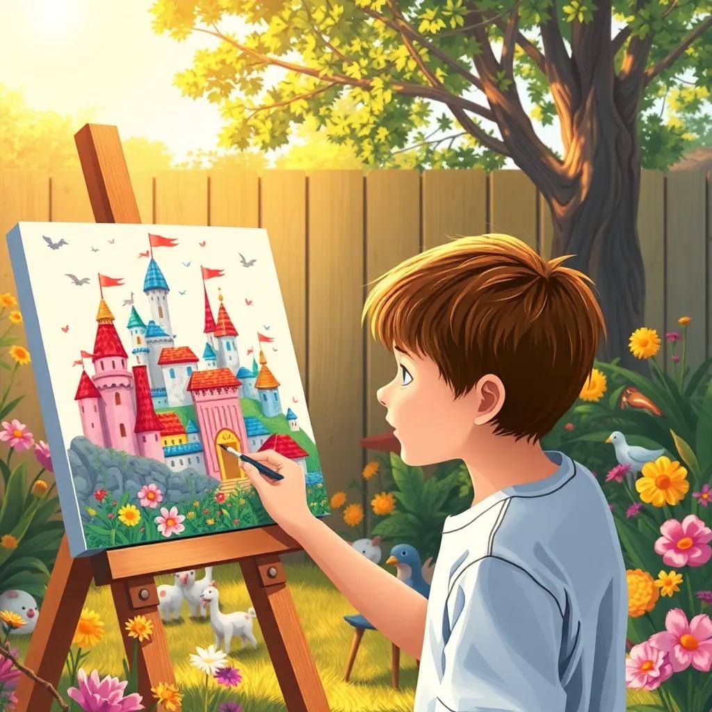 Léo, a young boy with short brown hair, painting colorful castles and houses on a canvas in his backyard, surrounded by happy animals and flowers, warm sunlight, inviting colors, artistic perspective, joyful mood, digital illustration