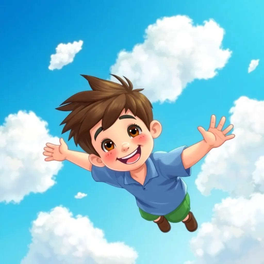 A young boy, Tomás, with tousled brown hair wearing a simple blue shirt and green shorts, smiling joyfully while flying through a bright blue sky filled with fluffy white clouds, digital art, cheerful, vibrant colors, high perspective, inviting and fun atmosphere, high quality